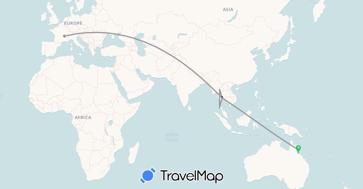 TravelMap itinerary: driving, bus, plane, boat in Australia, France, Thailand (Asia, Europe, Oceania)